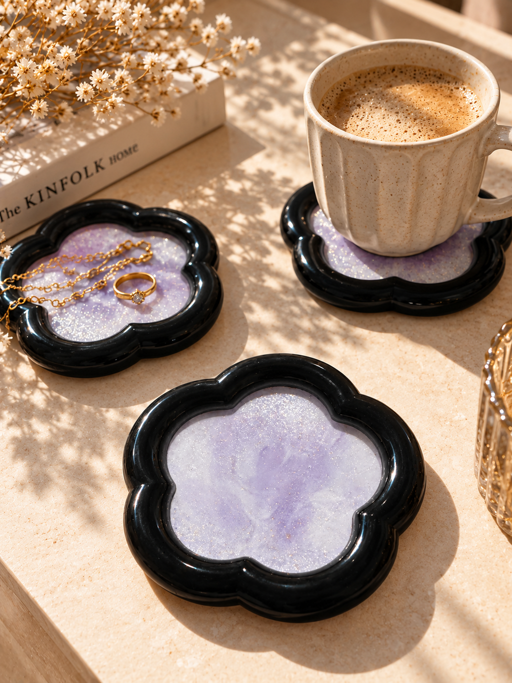 Flower-Shaped Resin Coaster | Black & Lavender