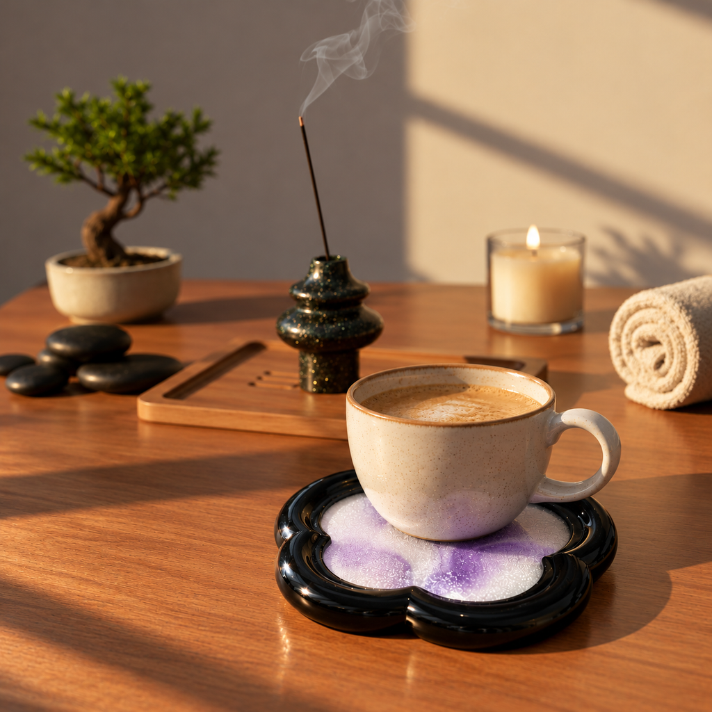 Flower-Shaped Resin Coaster | Black & Lavender